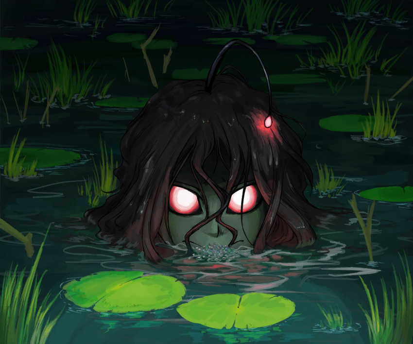 1girl, bioluminescence, brown_hair, colored_skin, glowing, green_skin, highres, lily_pad