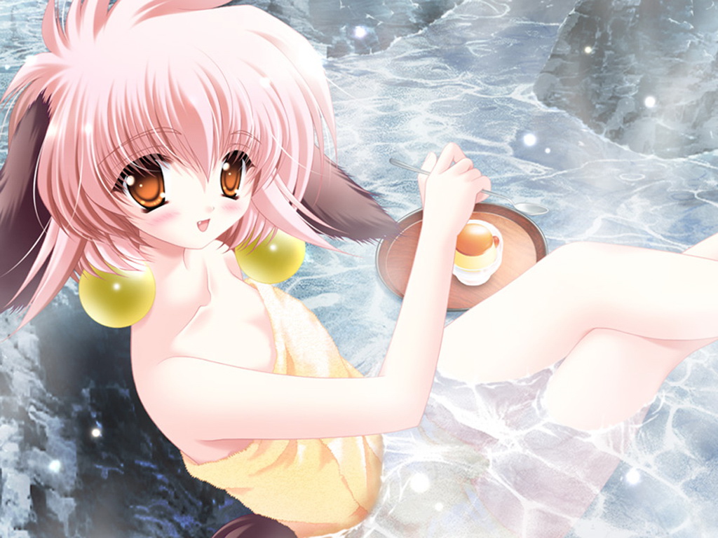 1girl, absurdres, animal_ears, artist_request, character_request, copyright_request, eating, flan, food, highres, loli, onsen, pudding, tagme, towel