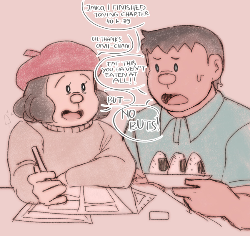 ._., 1boy, 1girl, beret, black_hair, brother_and_sister, doraemon, drawing