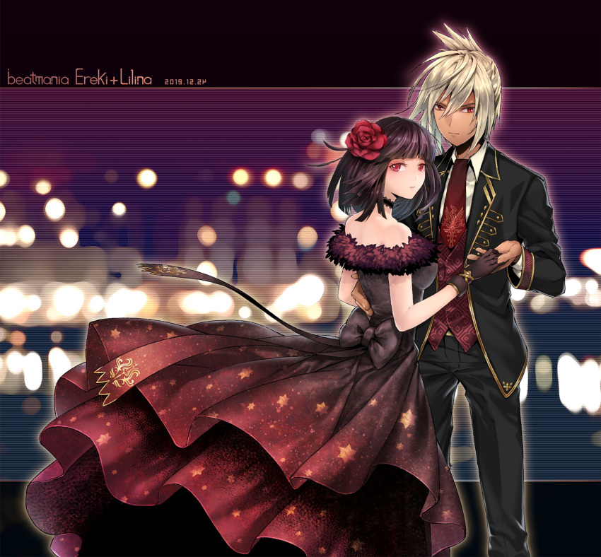 1boy, 1girl, beatmania_iidx, black_dress, black_hair, black_jacket, black_pants, blonde_hair