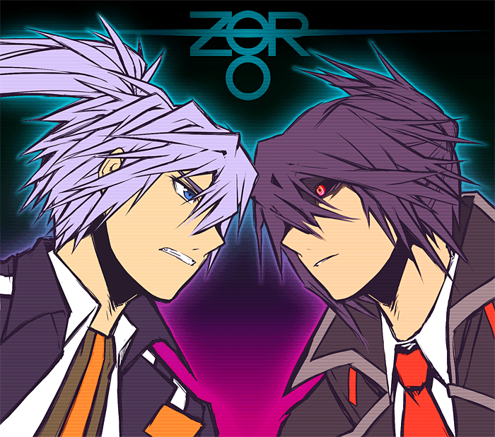 2boys, beatmania_iidx, black_coat, black_hair, black_sclera, blue_eyes, brothers, clenched_teeth