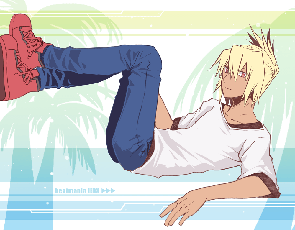 1boy, beatmania_iidx, blonde_hair, blue_pants, closed_mouth, commentary_request, copyright_name, crossed_legs