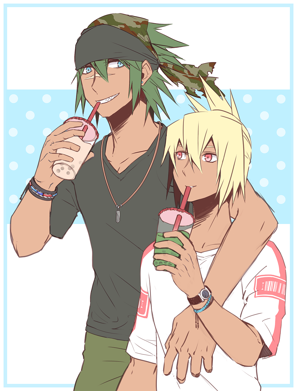 2boys, arm_around_shoulder, bandana, beatmania_iidx, black_shirt, blonde_hair, blue_eyes, bubble_tea
