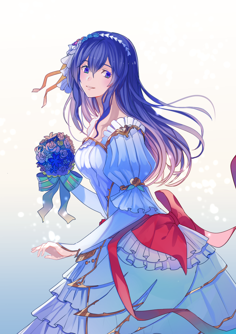 1girl, bare_shoulders, blue_eyes, blue_hair, bouquet, bride, bride_(fire_emblem), caeda_(bridal)_(fire_emblem)