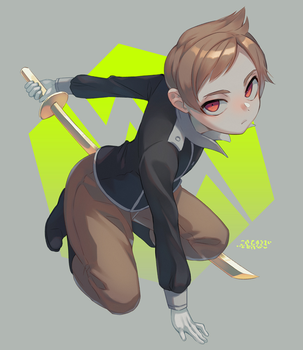 1boy, black_jacket, blush, brown_hair, brown_pants, claus_(mother_3), closed_mouth, fighting_stance