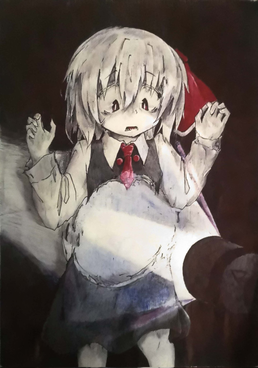 1girl, 1other, ascot, black_vest, blonde_hair, cowboy_shot, flashlight, flashlight_beam, hair_ribbon, highres, holding, holding_flashlight, hole, kto_znaet, looking_down, necktie, pale_skin, red_eyes, red_necktie, ribbon, rumia, sharp_teeth, short_hair, skirt, skirt_set, solo_focus, teeth, touhou, vest