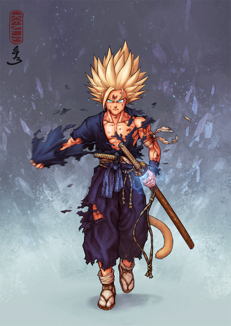 1boy, abs, alternate_costume, arm_wrap, artist_name, bandaged_arm, bandages, blonde_hair