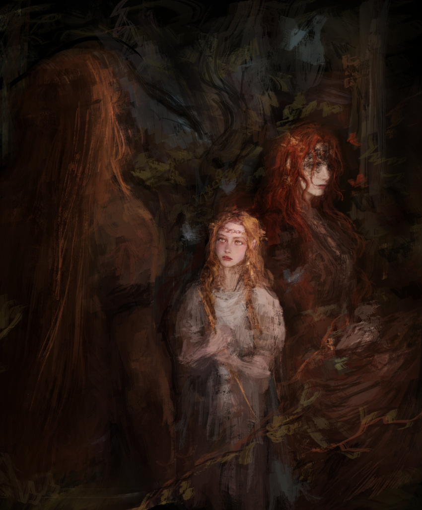 1girl, 2boys, absurdres, all_lee24, amputee, blind, blonde_hair, braid