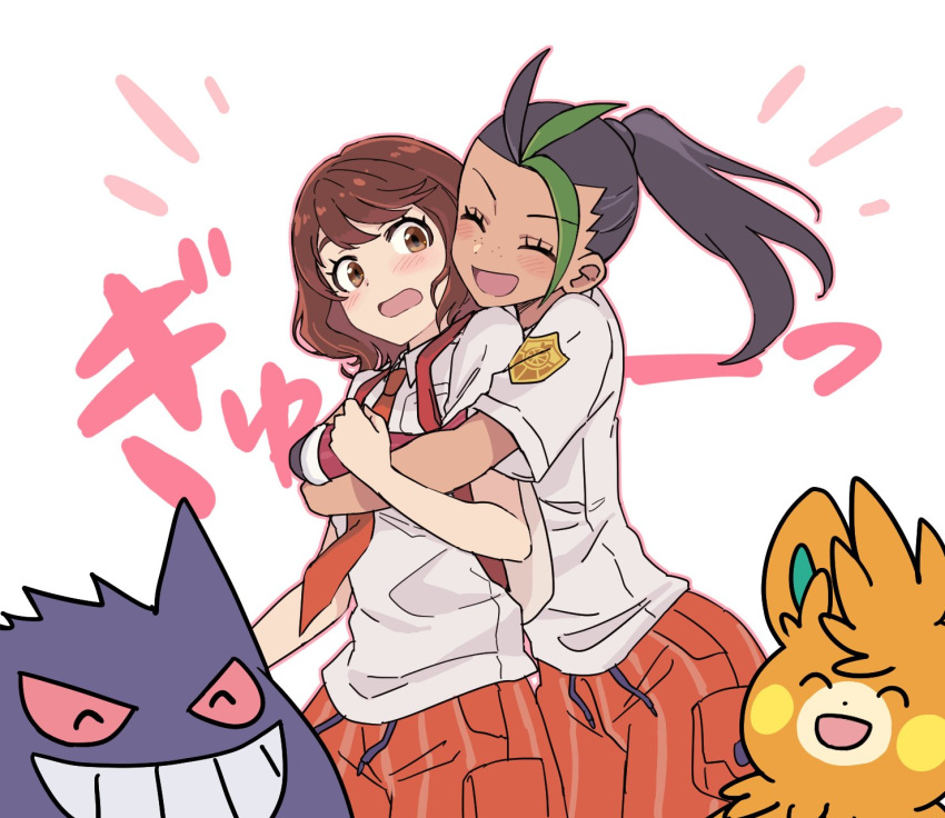 2girls, anna_(pokemon), backpack, bag, black_hair, blush, brown_eyes, brown_hair, dark-skinned_female, dark_skin, eyelashes, gengar, green_hair, highres, hoyon, hug, hug_from_behind, multicolored_hair, multiple_girls, naranja_academy_school_uniform, necktie, nemona_(pokemon), open_mouth, orange_necktie, orange_shorts, pawmot, pokemon, pokemon_(creature), pokemon_sv, school_uniform, shirt, shorts, two-tone_hair, white_shirt, yuri