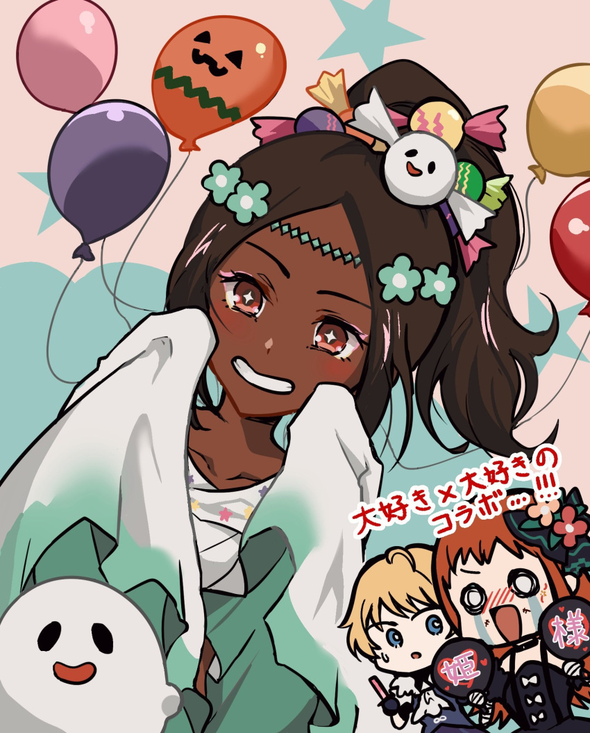 3girls, balloon, blonde_hair, brown_eyes, brown_hair, candy_hair_ornament, circlet, dark-skinned_female
