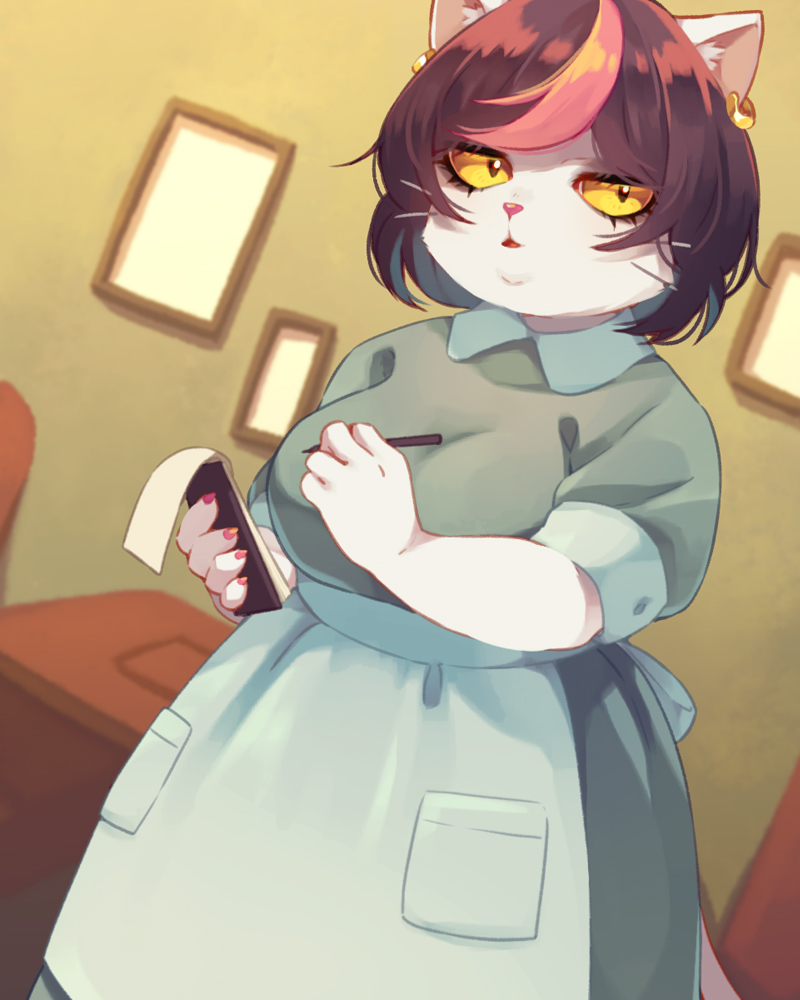 1girl, animal_ear_piercing, apron, cat_girl, catti_(deltarune), claws, colored_sclera, deltarune