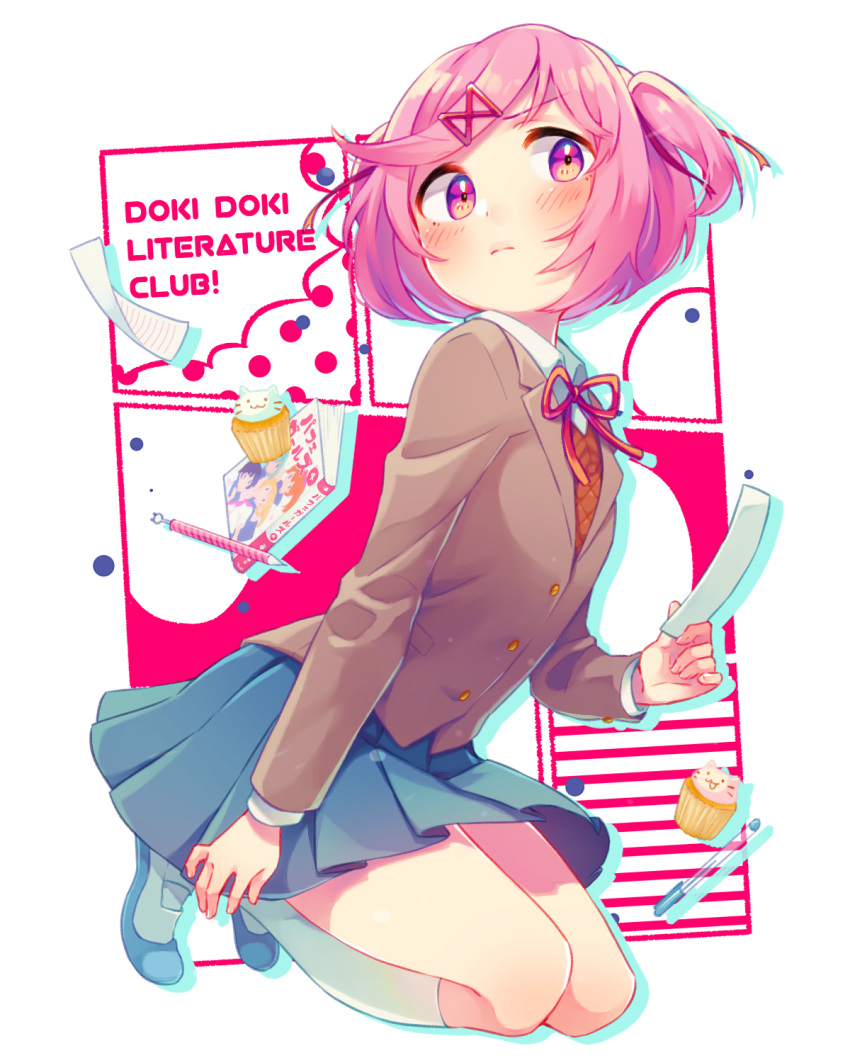 1girl, blue_shoes, blue_skirt, blush, book, brown_jacket, brown_sweater, buttoned_up