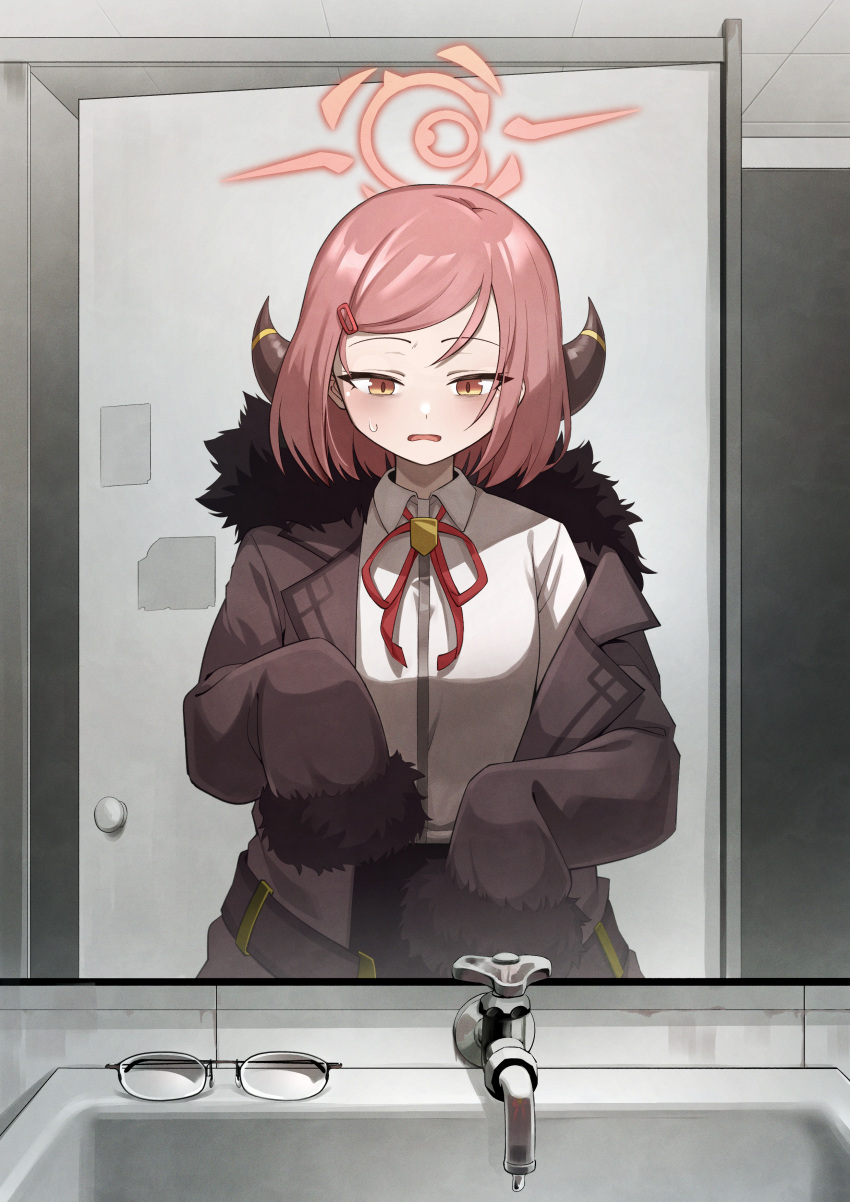 1girl, absurdres, aged_down, aru_(blue_archive), blue_archive, blush, brown_coat, brown_horns