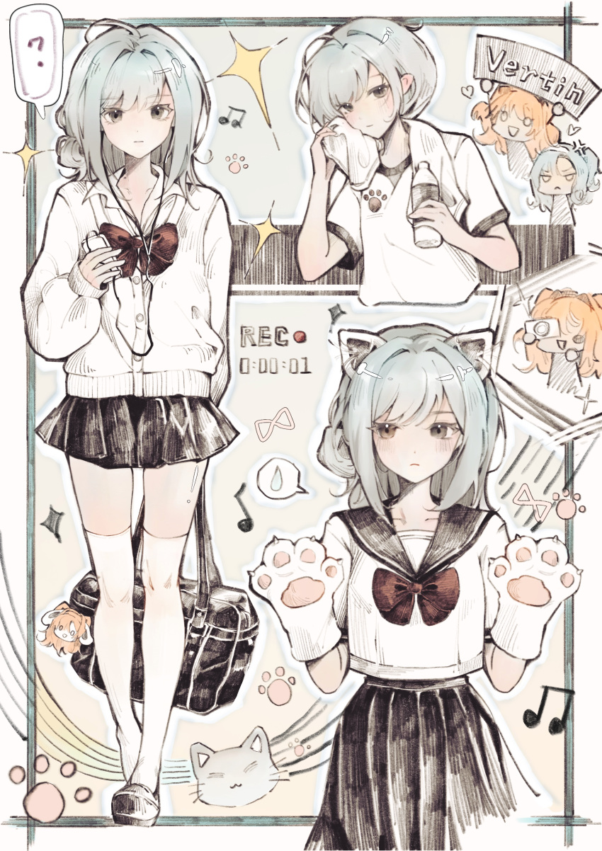 3girls, ?, absurdres, anger_vein, animal_ears, animal_hands, bag, black_footwear, black_sailor_collar, black_skirt, bow, bowtie, brown_eyes, buzheng_du, cat, cat_ears, character_doll, closed_mouth, collared_shirt, digital_media_player, earphones, earphones, eighth_note, fake_animal_ears, gloves, grey_hair, hair_bun, heart, highres, holding, holding_bag, holding_digital_media_player, light_blush, long_hair, long_sleeves, looking_at_viewer, matilda_bouanich, multiple_girls, multiple_views, musical_note, orange_hair, paw_gloves, paw_print, pleated_skirt, recording, red_bow, red_bowtie, reverse:1999, sailor_collar, school_bag, school_uniform, serafuku, shirt, single_side_bun, skirt, sonetto_(reverse:1999), sparkle, spoken_question_mark, spoken_sweatdrop, staff_(music), sweatdrop, sweater, taking_picture, thigh-highs, vertin_(reverse:1999), white_shirt, white_sweater, white_thighhighs