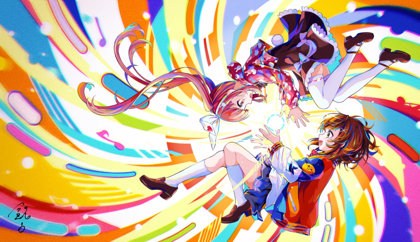 2girls, album_cover, black_footwear, black_skirt, blue_skirt, brown_hair, commentary_request, cover