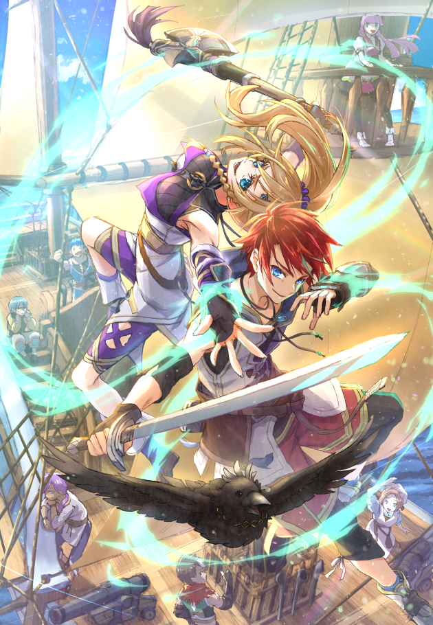 3girls, 5boys, adol_christin, animal, axe, belt, bird, black_gloves, blonde_hair, blue_eyes, blue_sky, breasts, brown_belt, cannon, commentary_request, crow, day, dogi_(ys), fingerless_gloves, funa_(33781408), gloves, hair_ornament, hair_scrunchie, holding, holding_axe, holding_sword, holding_weapon, jewelry, karja_balta, long_hair, looking_at_viewer, medium_breasts, multiple_boys, multiple_girls, necklace, outdoors, ponytail, purple_scrunchie, redhead, sailing_ship, scrunchie, ship, sky, smile, sword, watercraft, weapon, ys, ys_x_nordics