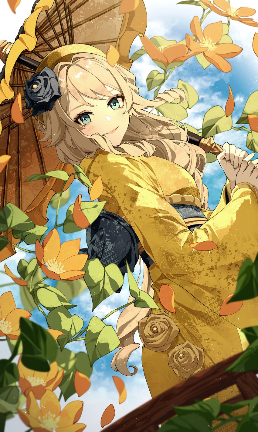1girl, alternate_costume, black_flower, black_rose, blonde_hair, blue_eyes, blurry, cha_hanare, closed_mouth, depth_of_field, drill_hair, drill_sidelocks, earrings, falling_petals, flower, from_below, from_side, genshin_impact, gold_earrings, hair_flower, hair_ornament, hat, highres, holding, holding_umbrella, japanese_clothes, jewelry, kimono, leaf, light_blush, lipgloss, long_sleeves, looking_at_viewer, navia_(genshin_impact), obi, obiage, obijime, orange_flower, orange_petals, petals, print_kimono, rose, sash, sidelocks, smile, solo, sparkling_eyes, umbrella, wide_sleeves, wind, yellow_flower, yellow_headwear, yellow_kimono, yellow_rose, yellow_umbrella