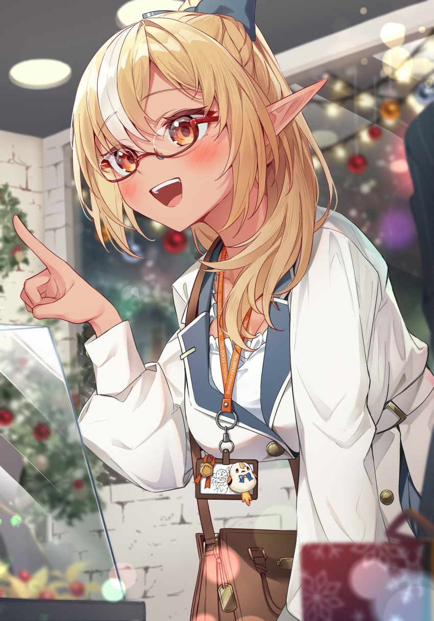 1girl, absurdres, bag, belt, bespectacled, blonde_hair, blue_bow, blurry