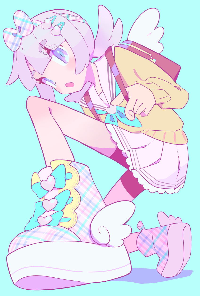 1girl, absurdres, aqua_background, aqua_neckerchief, backpack, bag, bow, foreshortening