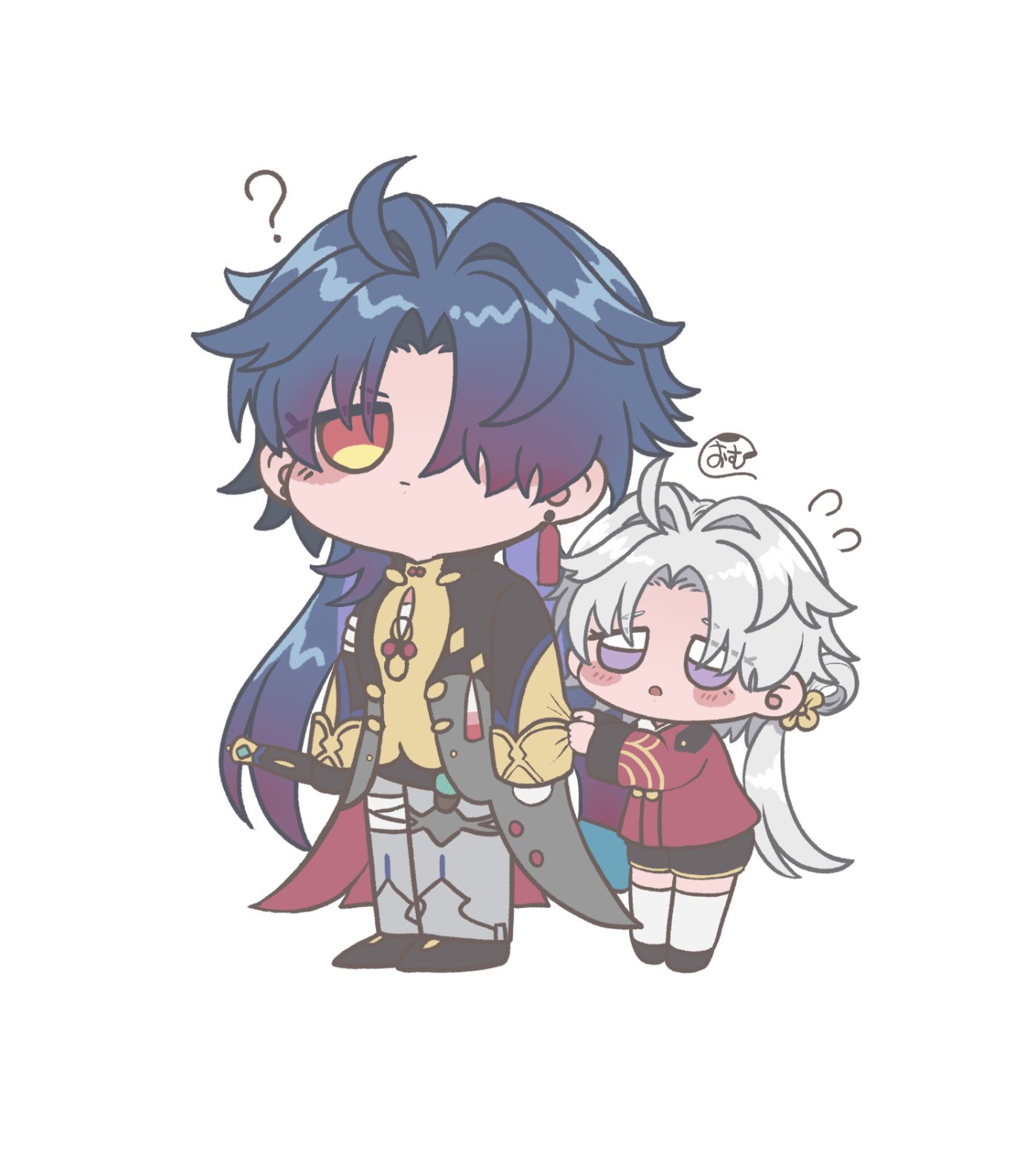 2boys, ?, aged_down, ahoge, arms_at_sides, artisanship_commission_uniform_(honkai:_star_rail), bandaged_arm, bandaged_leg