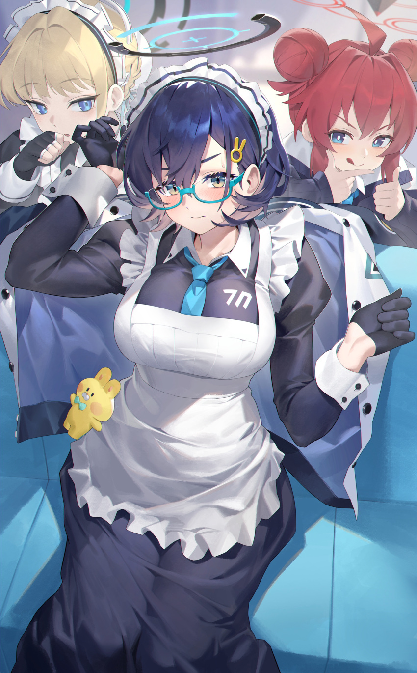 3girls, absurdres, ahoge, apron, black_dress, black_gloves, black_hair, blonde_hair