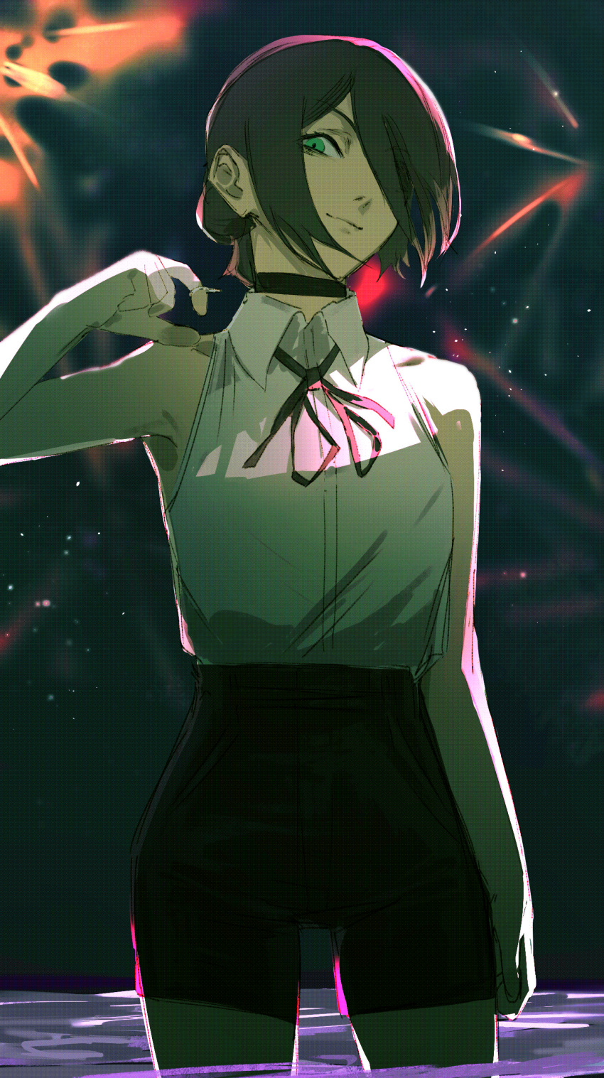 1girl, absurdres, bare_shoulders, black_choker, black_ribbon, black_shorts, chainsaw_man, choker
