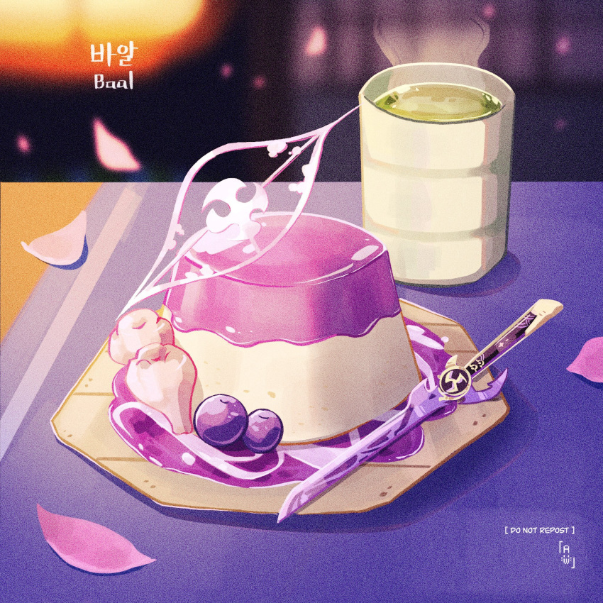 aristomeow, artist_name, blueberry, blurry, blurry_background, cup, english_text, falling_petals