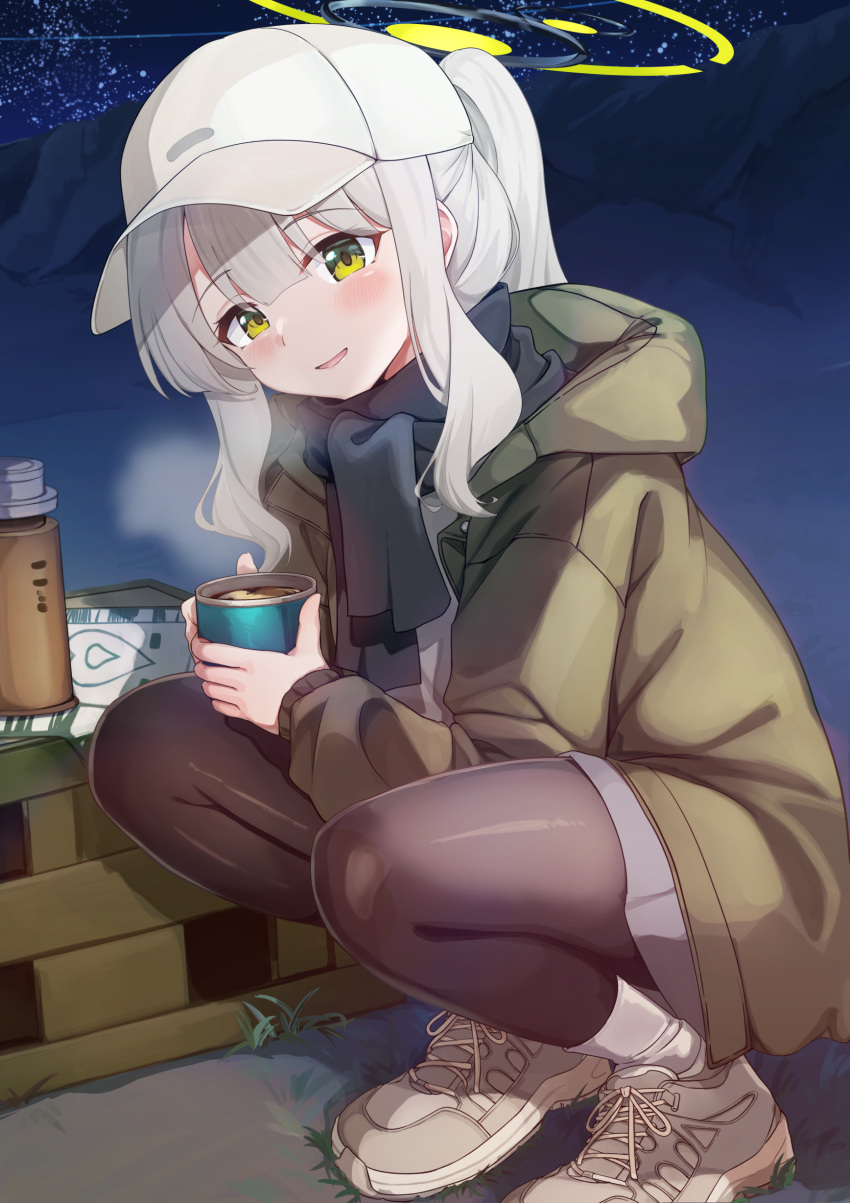 1girl, absurdres, baseball_cap, black_pantyhose, black_scarf, blue_archive, cup, dusu_(htkj)