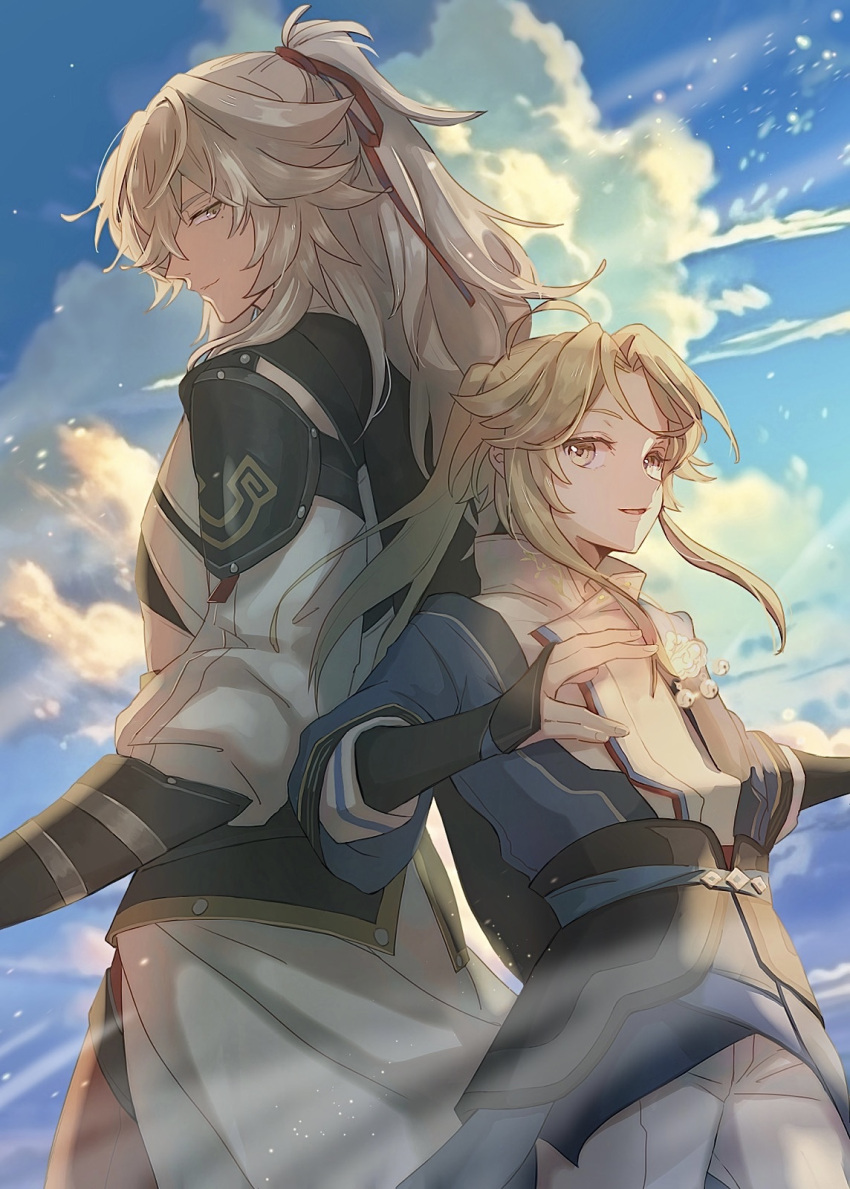 2boys, ahoge, armor, back_to_back, blonde_hair, blue_jacket, blue_sky, brown_gloves