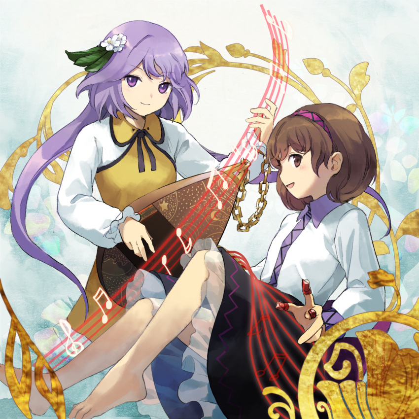 2girls, barefoot, beamed_eighth_notes, beamed_sixteenth_notes, biwa_lute, black_skirt, blush, brown_eyes