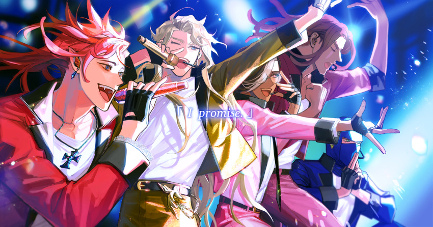 5boys, :d, ;d, alternate_costume, arm_up, belt, belt_buckle, belt_chain