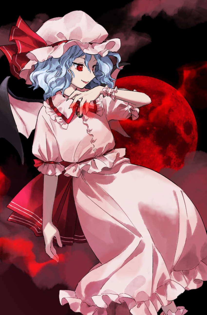 1girl, bat_wings, black_sky, blue_hair, buttons, clouds, collared_shirt, eyelashes