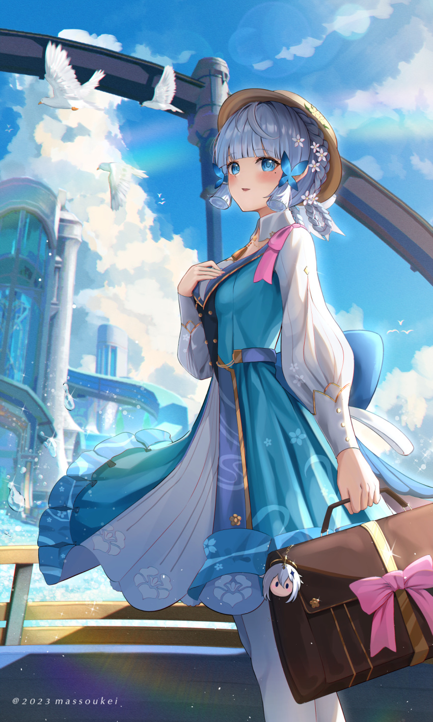 1girl, artist_name, back_bow, bikini, blue_bow, blue_dress, blue_sky, bow