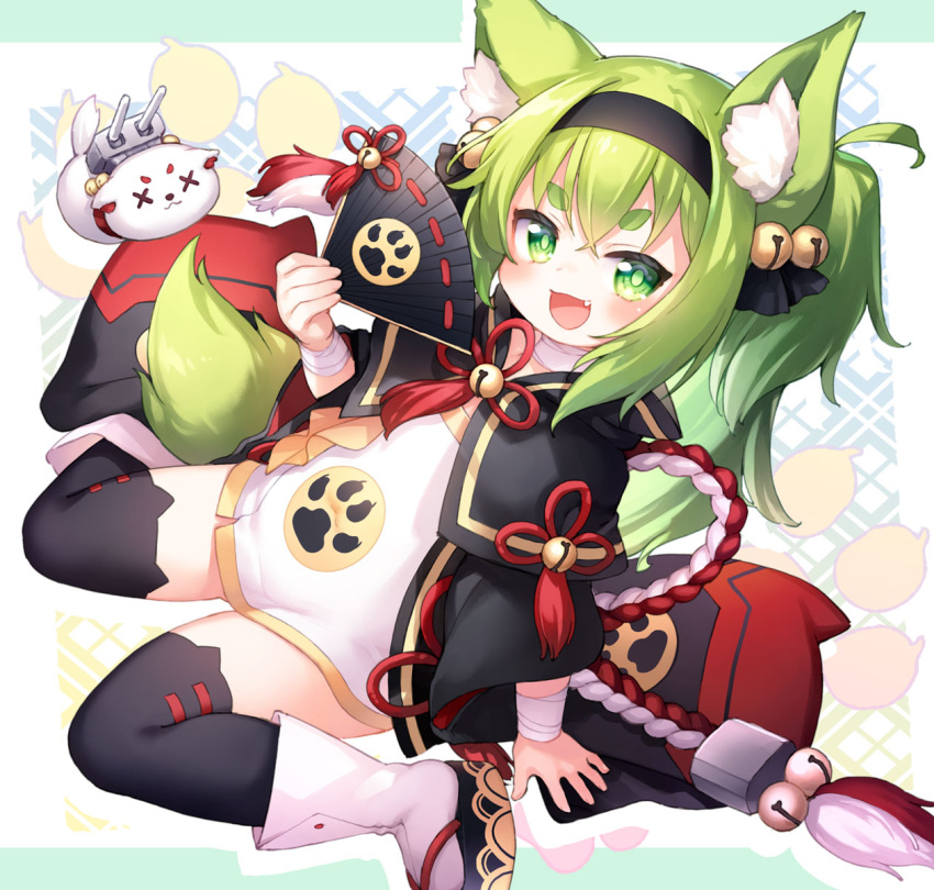 animal_ear_fluff, animal_ears, azur_lane, bell, black_kimono, black_thighhighs, commission, dress