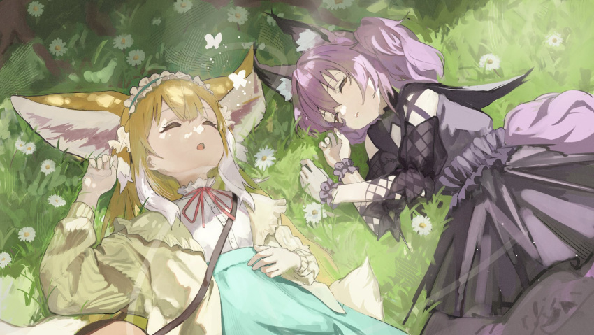2girls, animal_ears, arknights, bag, black_dress, blonde_hair, blue_hairband, blue_skirt