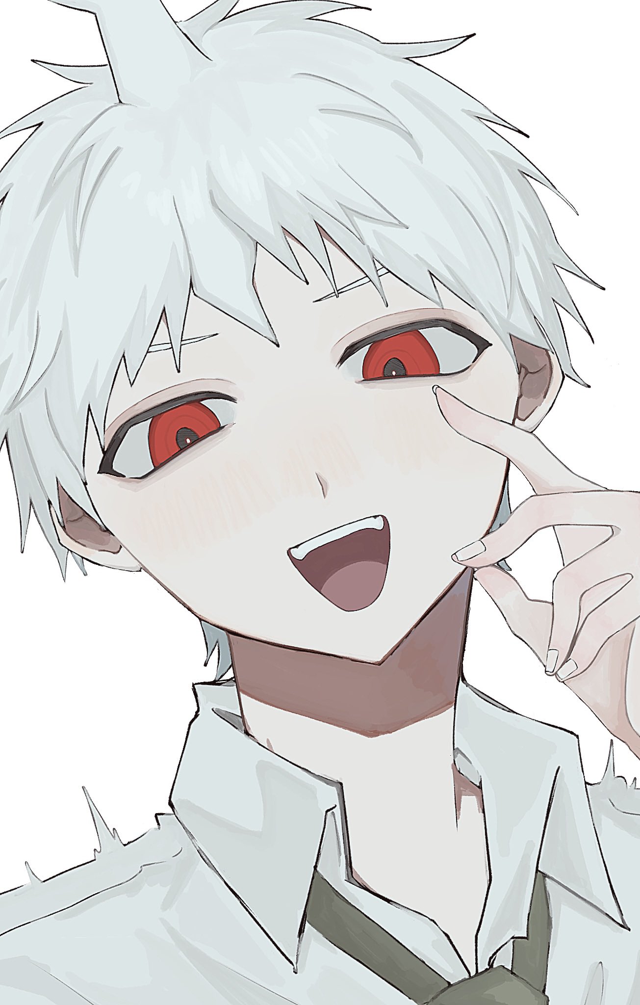 1boy, :d, ahoge, collared_shirt, danganronpa_(series), danganronpa_2:_goodbye_despair, green_necktie, grey_hair