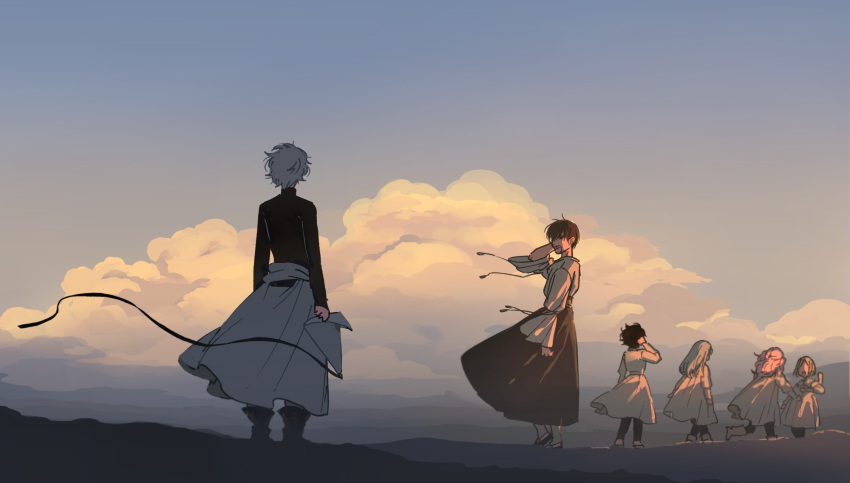 2boys, 4girls, absurdres, agate_(tongari_boushi_no_atelier), blue_hair, brown_hair, child, clouds