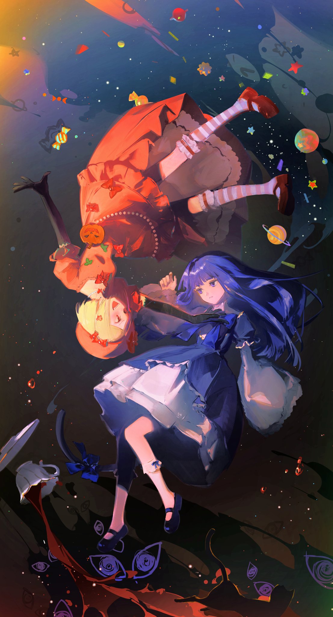 2girls, beret, black_cat, black_dress, black_footwear, black_gloves, blonde_hair, blue_bow