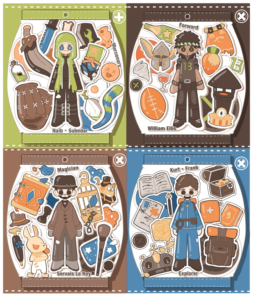 4boys, alexander_the_great_(identity_v), american_football_(object), american_football_uniform, backpack, bag, ball, beard