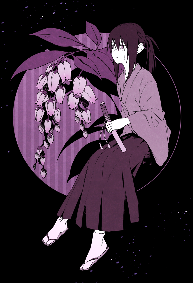 1boy, beatmania_iidx, closed_mouth, commentary_request, dagger, expressionless, flower, full_body