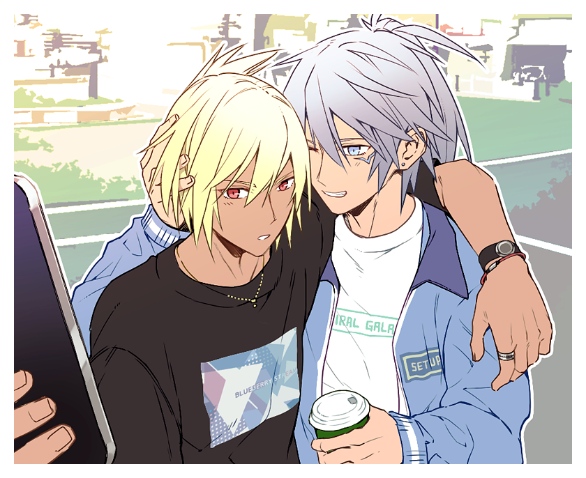 2boys, beatmania_iidx, black_shirt, blonde_hair, blue_eyes, blue_jacket, border, brothers