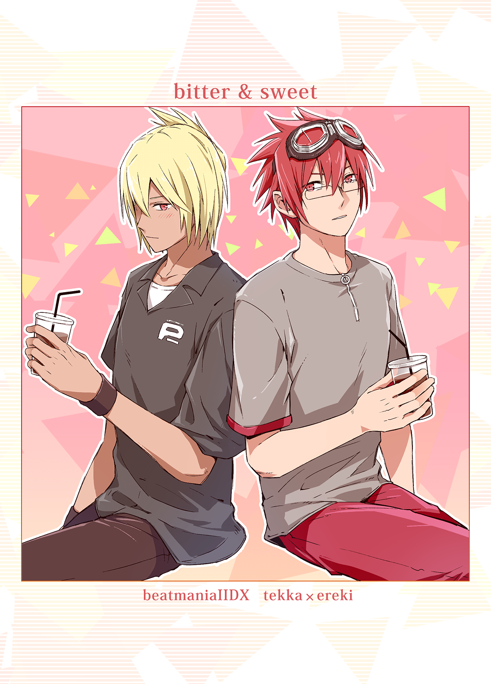 2boys, beatmania_iidx, black-framed_eyewear, black_shirt, blonde_hair, brown_pants, character_name, closed_mouth, coffee, collared_shirt, commentary_request, copyright_name, cowboy_shot, cup, dark-skinned_male, dark_skin, drinking_straw, ereki_(beatmania), expressionless, folded_ponytail, glasses, goggles, goggles_on_head, grey_shirt, hair_between_eyes, highres, holding, holding_cup, kurogane_tekka, long_bangs, looking_at_viewer, male_focus, maoh_(aburaage0528), multiple_boys, pants, pink_background, red_eyes, red_pants, redhead, shirt, short_hair, sitting, t-shirt, undershirt, white_shirt