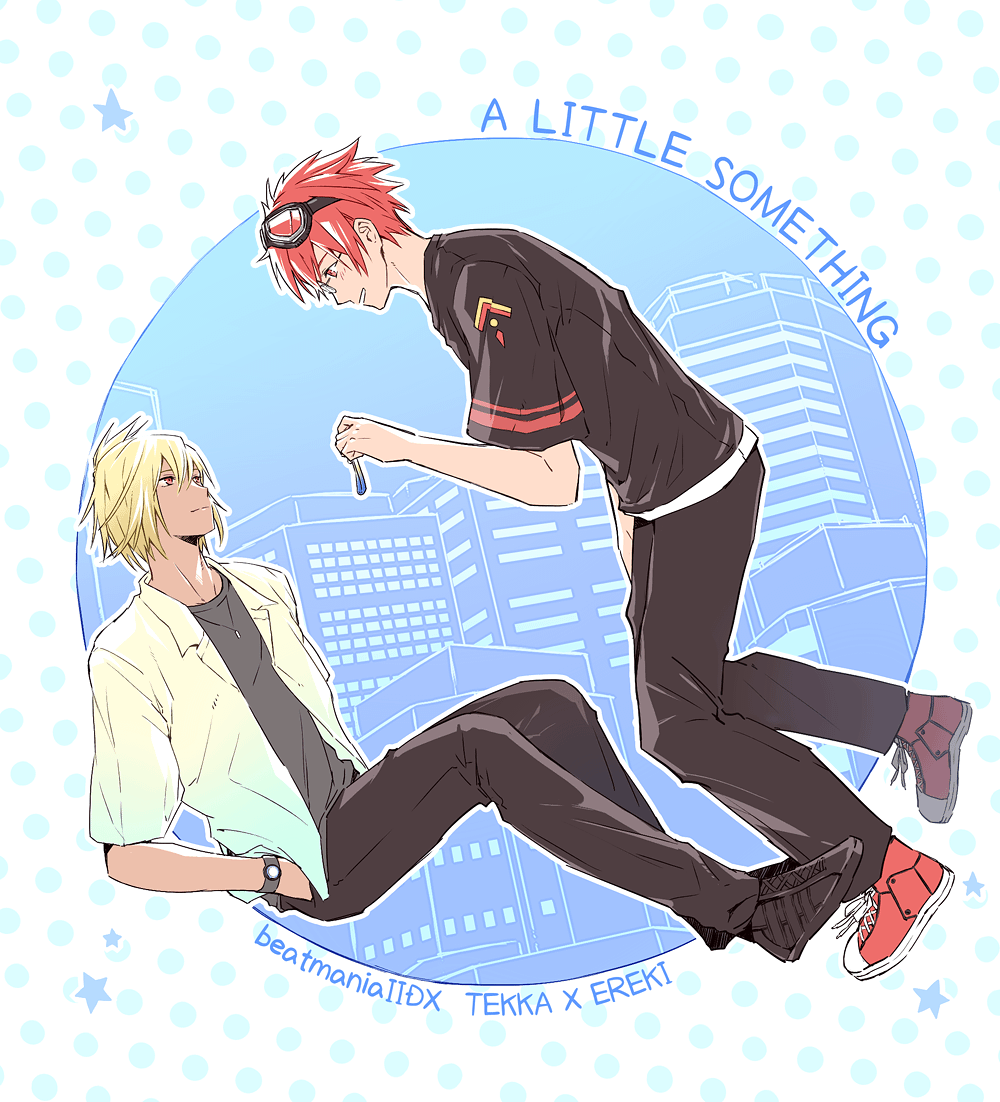2boys, beatmania_iidx, black_footwear, black_pants, black_shirt, blonde_hair, character_name, closed_mouth, collared_shirt, commentary_request, copyright_name, dark-skinned_male, dark_skin, english_commentary, ereki_(beatmania), folded_ponytail, full_body, goggles, goggles_on_head, hair_between_eyes, hands_in_pockets, holding, kurogane_tekka, long_bangs, looking_at_another, male_focus, maoh_(aburaage0528), multiple_boys, open_clothes, open_shirt, pants, polka_dot, polka_dot_background, red_eyes, red_footwear, redhead, shirt, shoes, short_hair, short_sleeves, smile, sneakers, yellow_shirt