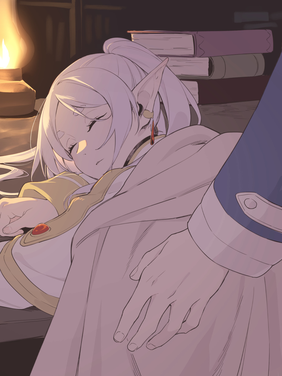 1boy, 1girl, asutora, book, book_stack, closed_eyes, commentary_request, covering_with_clothes