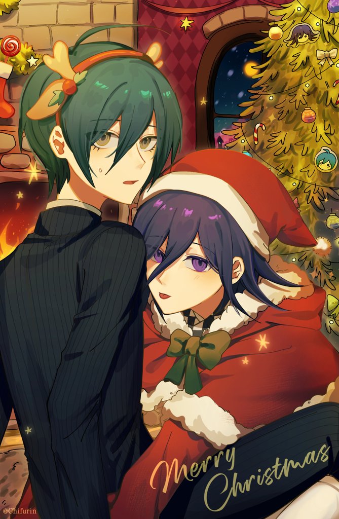 2boys, black_hair, black_jacket, black_pants, bow, bowtie, brown_eyes, capelet, chifurin, danganronpa_(series), danganronpa_v3:_killing_harmony, from_side, fur-trimmed_capelet, fur-trimmed_headwear, fur_trim, green_bow, green_bowtie, hair_between_eyes, hairband, hat, jacket, medium_hair, merry_christmas, multiple_boys, oma_kokichi, pants, red_hairband, red_headwear, saihara_shuichi, santa_hat, short_hair, sticker, striped, striped_jacket, tongue, tongue_out, violet_eyes, window