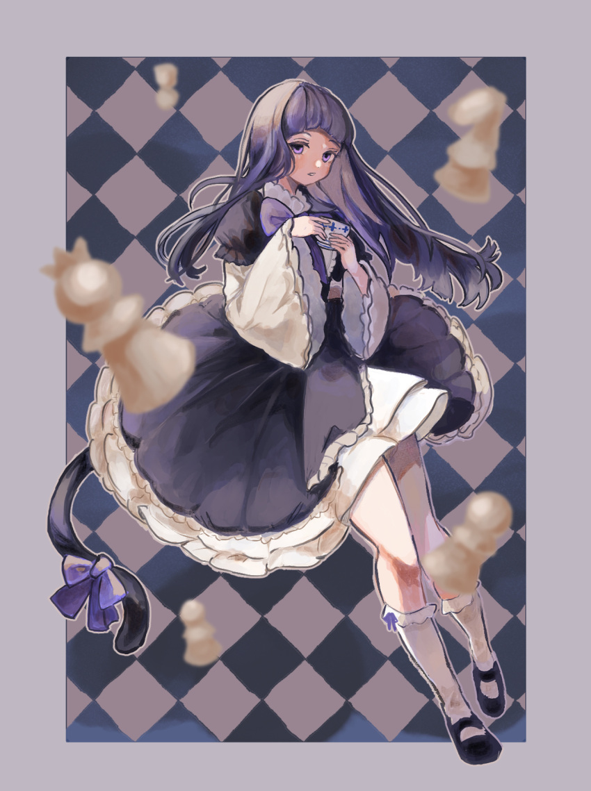 1girl, aramosaurus, black_dress, black_footwear, blue_bow, blue_bowtie, blue_hair, blunt_bangs