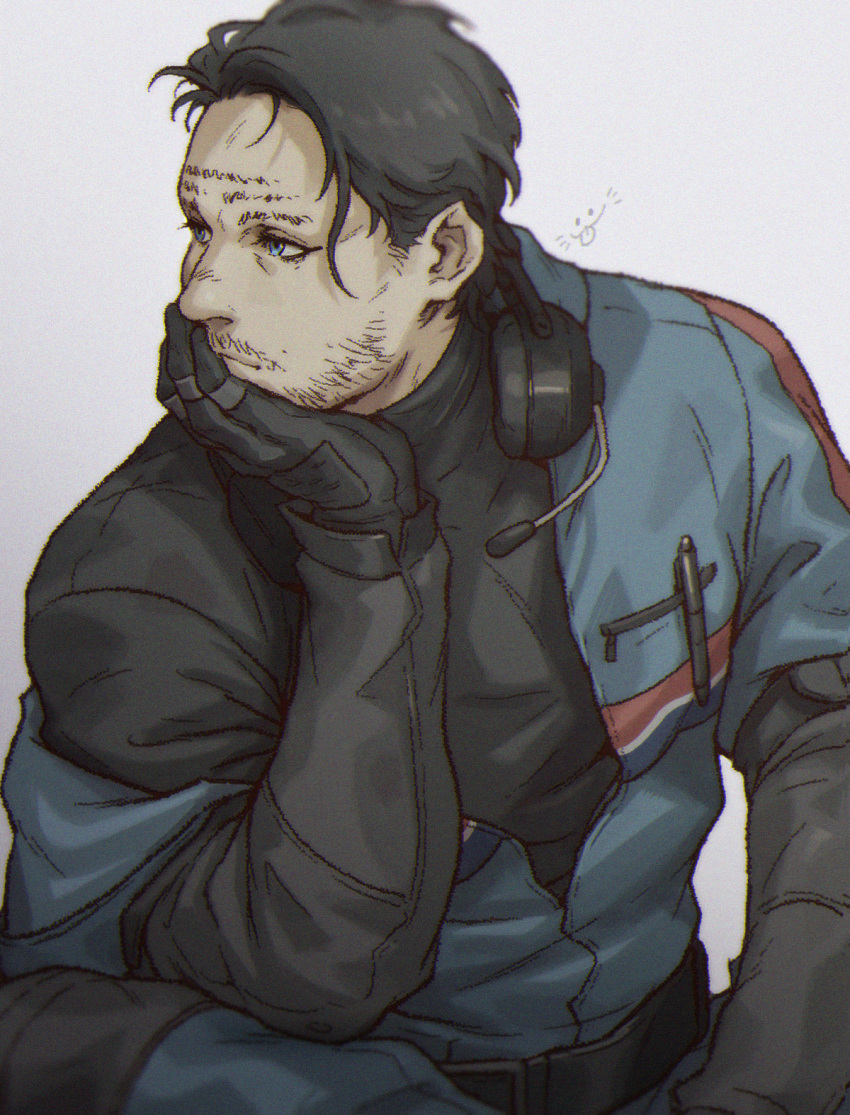1boy, arm_rest, belt, black_belt, black_gloves, black_hair, black_shirt, blue_eyes