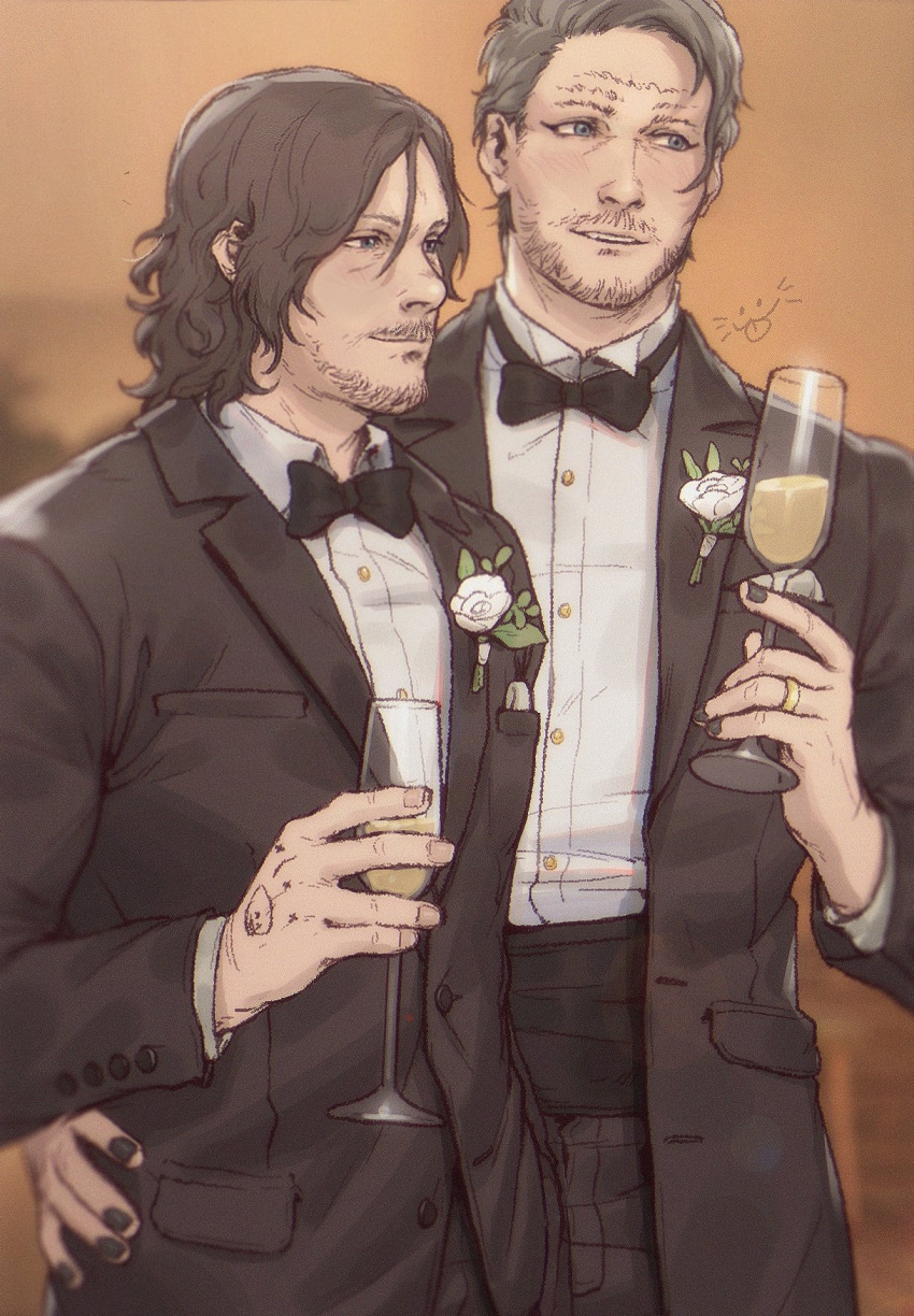 2boys, black_bow, black_bowtie, black_hair, black_jacket, black_nails, black_pants, blue_eyes