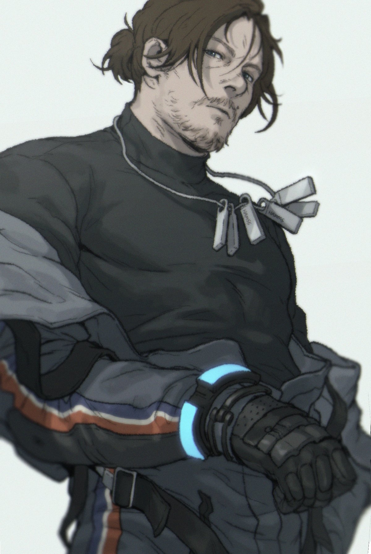 1boy, black_gloves, black_hair, black_shirt, blue_eyes, bracelet, closed_mouth, death_stranding, facial_hair, gloves, hamms_hamss, highres, jewelry, looking_at_viewer, male_focus, muscular, muscular_male, necklace, open_clothes, ponytail, sam_porter_bridges, shirt, short_hair, simple_background, solo, spacesuit, white_background