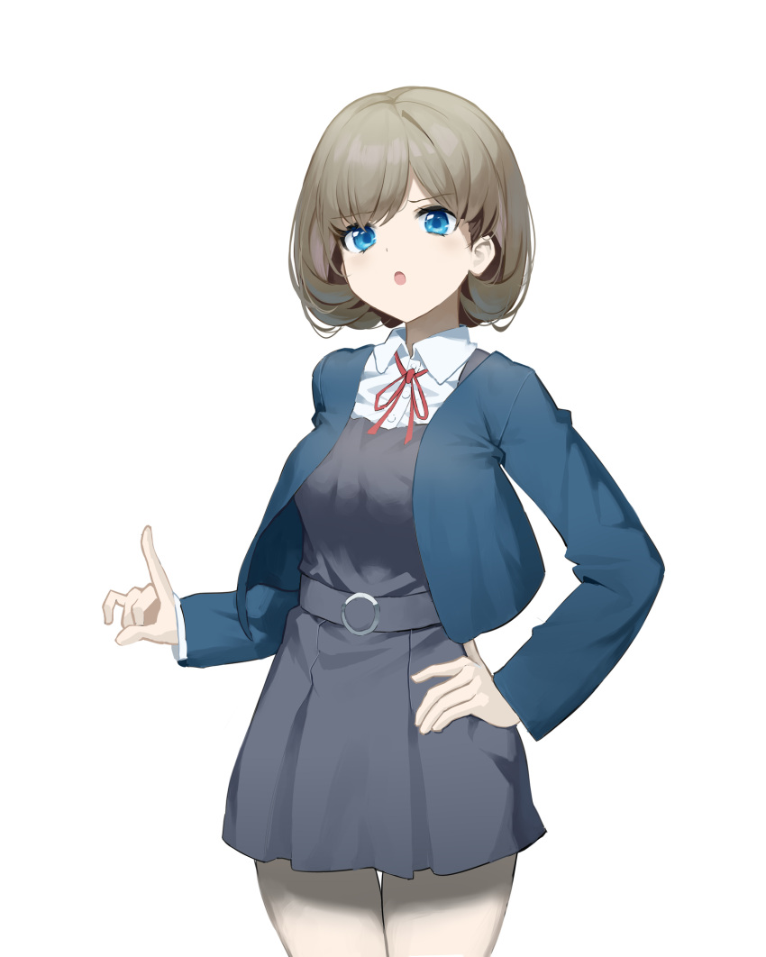 1girl, :o, blue_eyes, blue_jacket, brown_hair, chinese_commentary, collared_shirt, commentary_request, cow, crm, cropped_jacket, dress, dress_shirt, grey_dress, hand_on_own_hip, highres, index_finger_raised, jacket, long_sleeves, looking_at_viewer, love_live!, love_live!_superstar!!, neck_ribbon, open_clothes, open_jacket, open_mouth, pinafore_dress, red_ribbon, ribbon, school_uniform, shirt, short_hair, simple_background, sleeveless, sleeveless_dress, solo, tang_keke, white_background, white_shirt, yuigaoka_school_uniform
